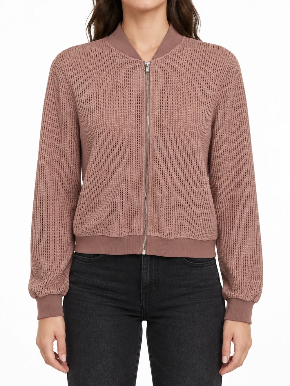 Zara Women's Dusty Rose Mauve Textured Openwork Knit Bomber Jacket XS Full Zip